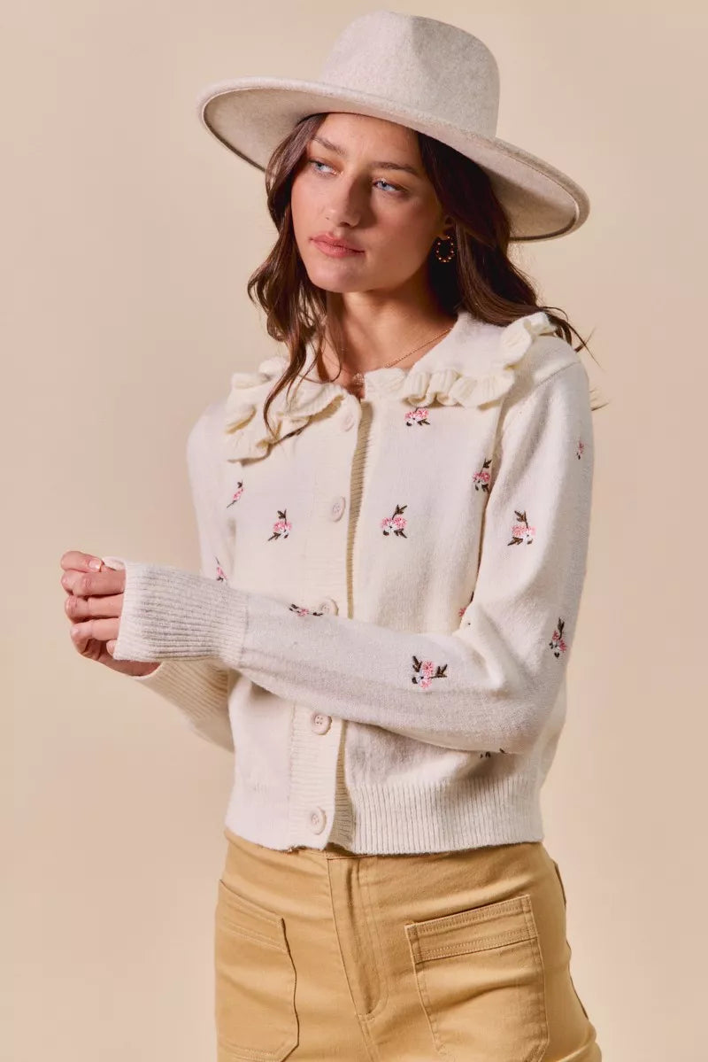 Collared Floral Embroidered Button Down Cardigan
