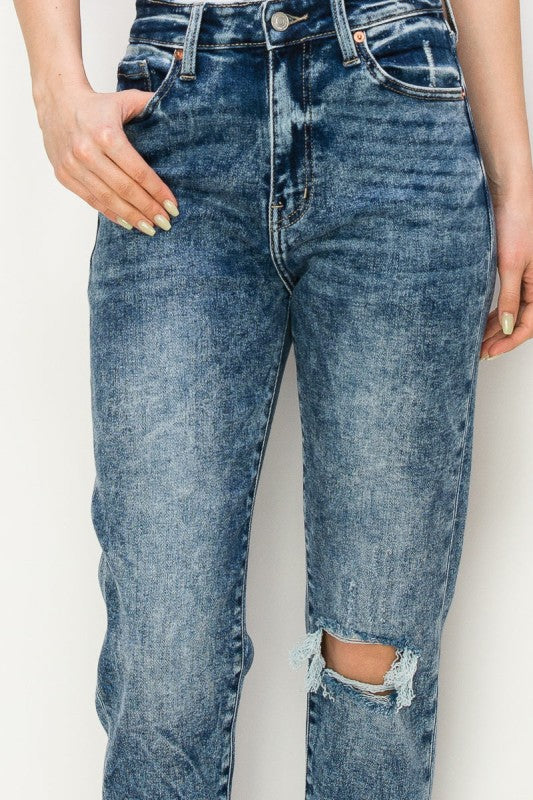 High Rise Stretch Distressed Mom Jeans