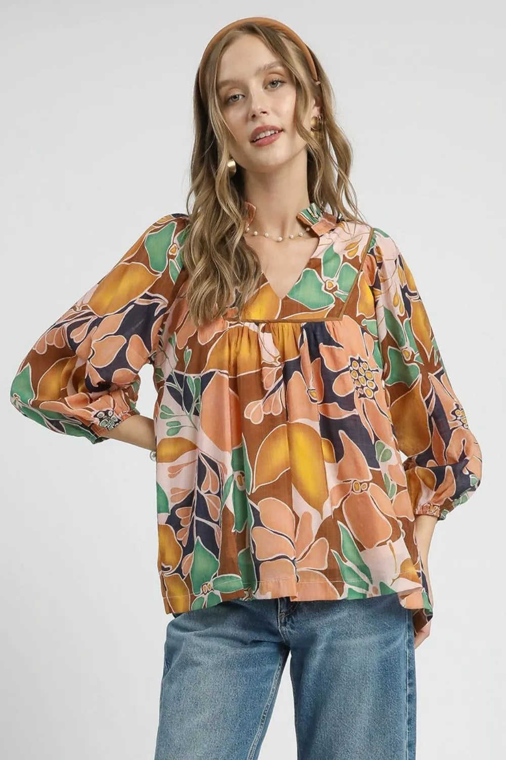 Abstract Floral Print Ruffle Neck Blouse