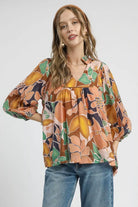 Abstract Floral Print Ruffle Neck Blouse