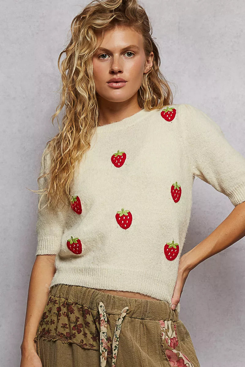 Strawberry Patch Sweater with Shirring Shoulder