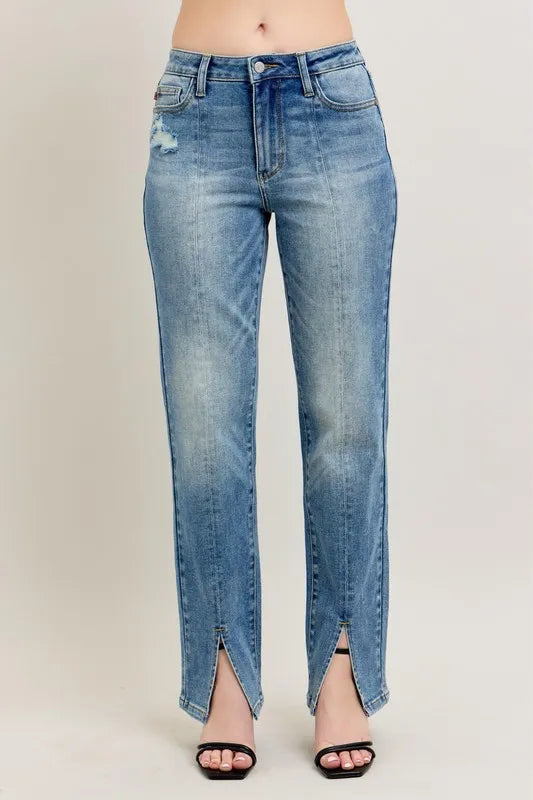 High Waist Front Seam & Slit Straight Jeans