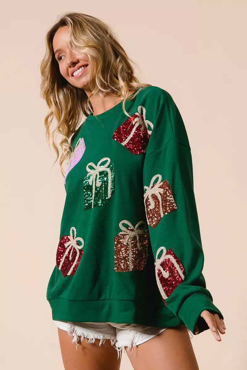 Sequin Christmas Gift Box Sweater