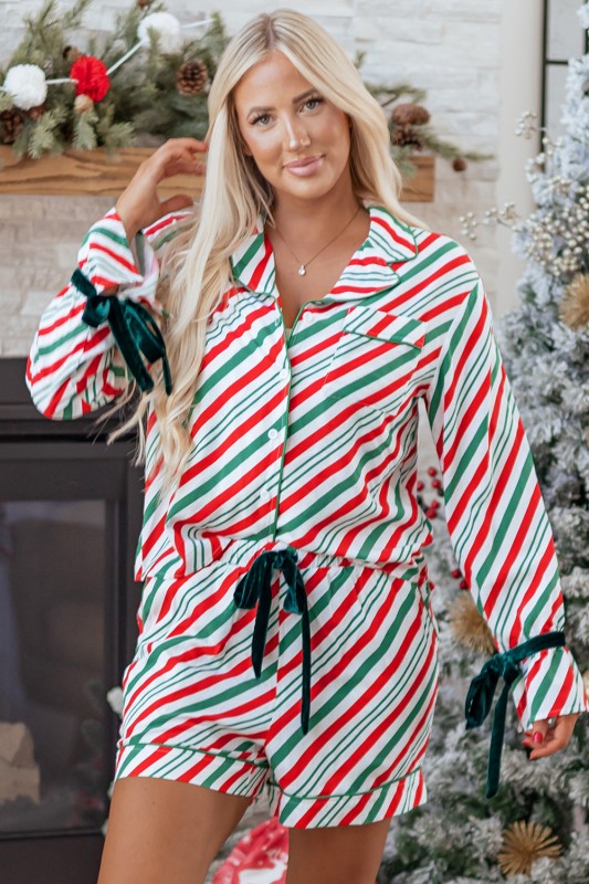 Christmas Stripe Velvet Bow Pajama Set