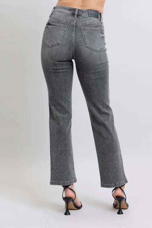 High Waist Rhinestone Straight Jeans