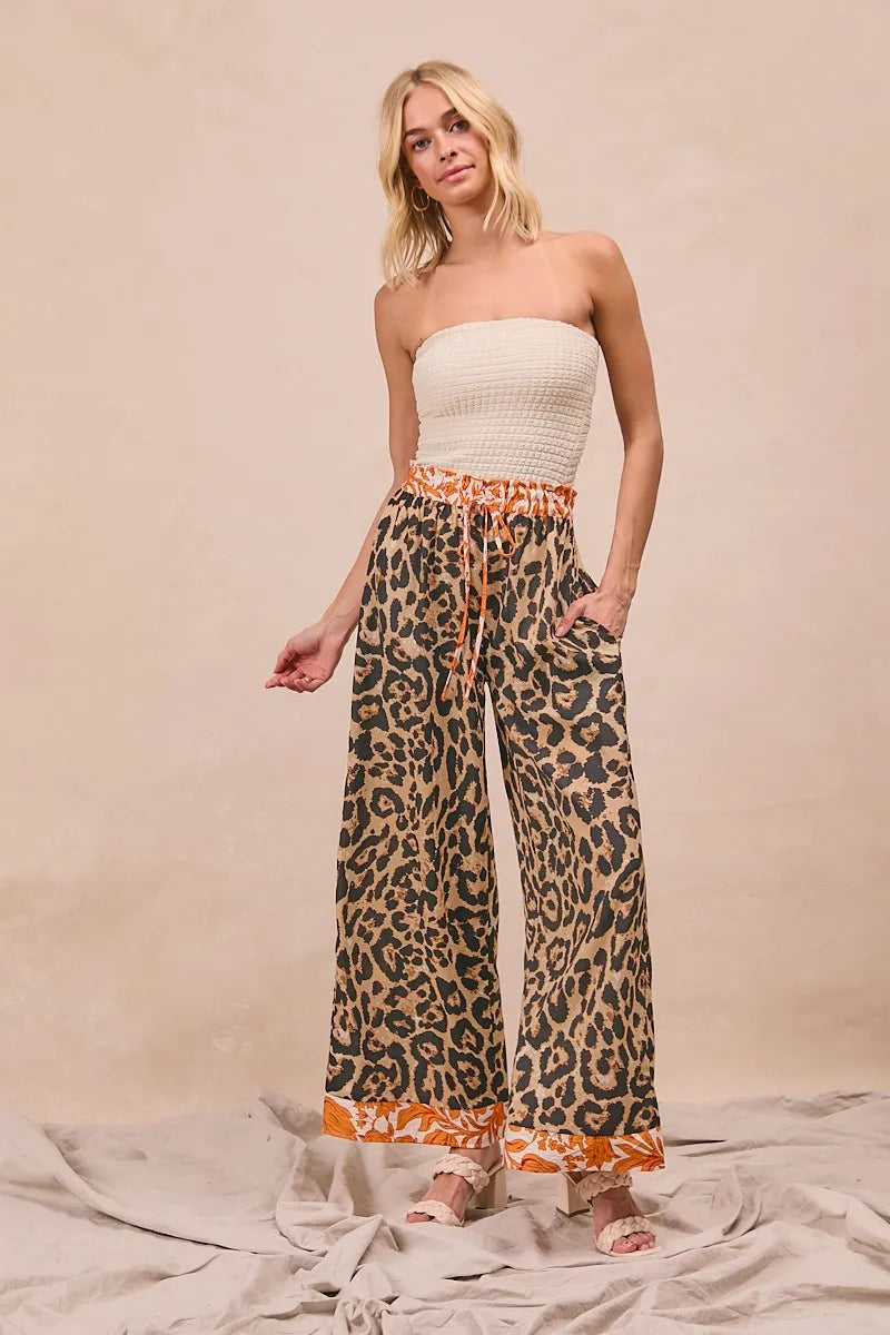 BiBi Leopard Print With Contrast Banded Wide Pants