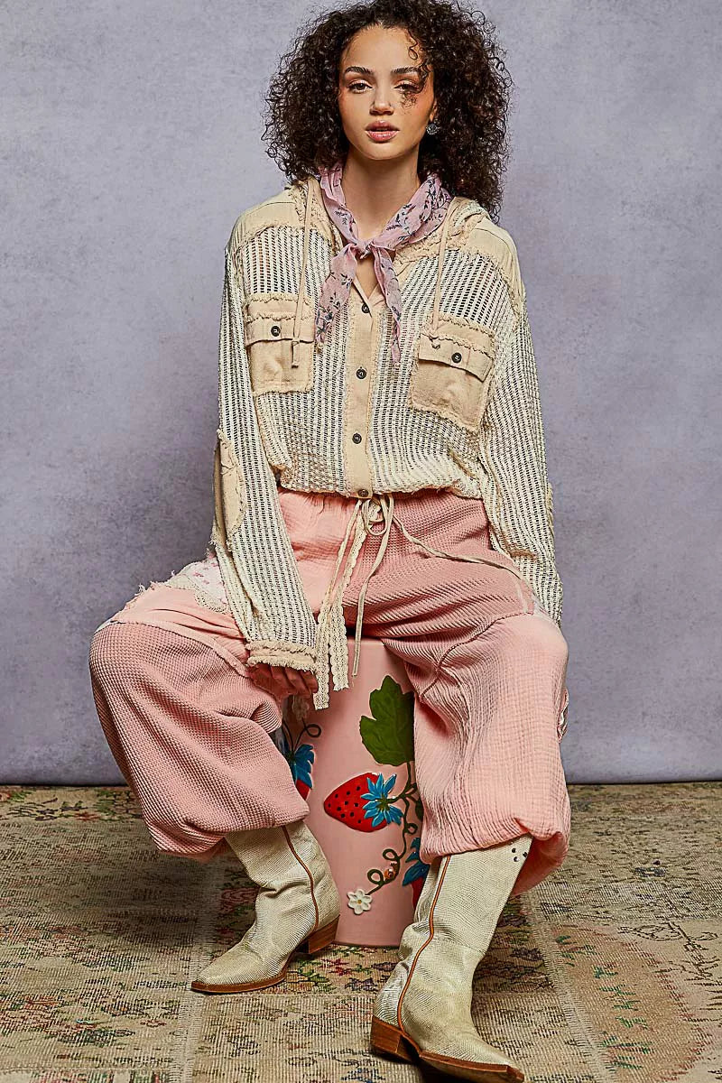 Textured Woven Button Down Hooded Shirt