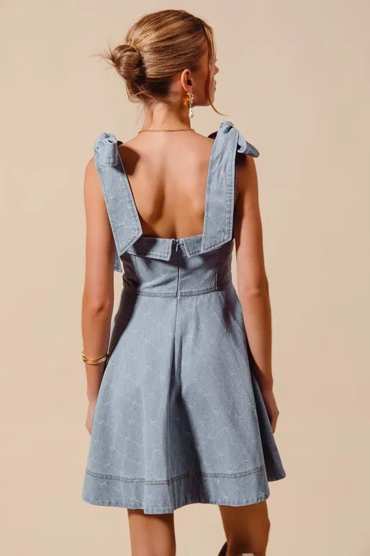 Fit and Flare Diamond Bow Ribbon Denim Dress
