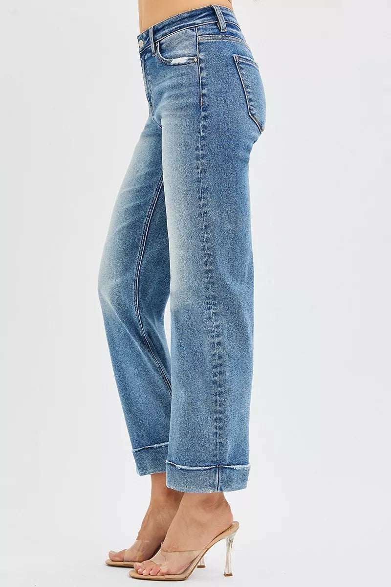 Mid Rise Crop Straight Jeans w/ Taylor Cuff