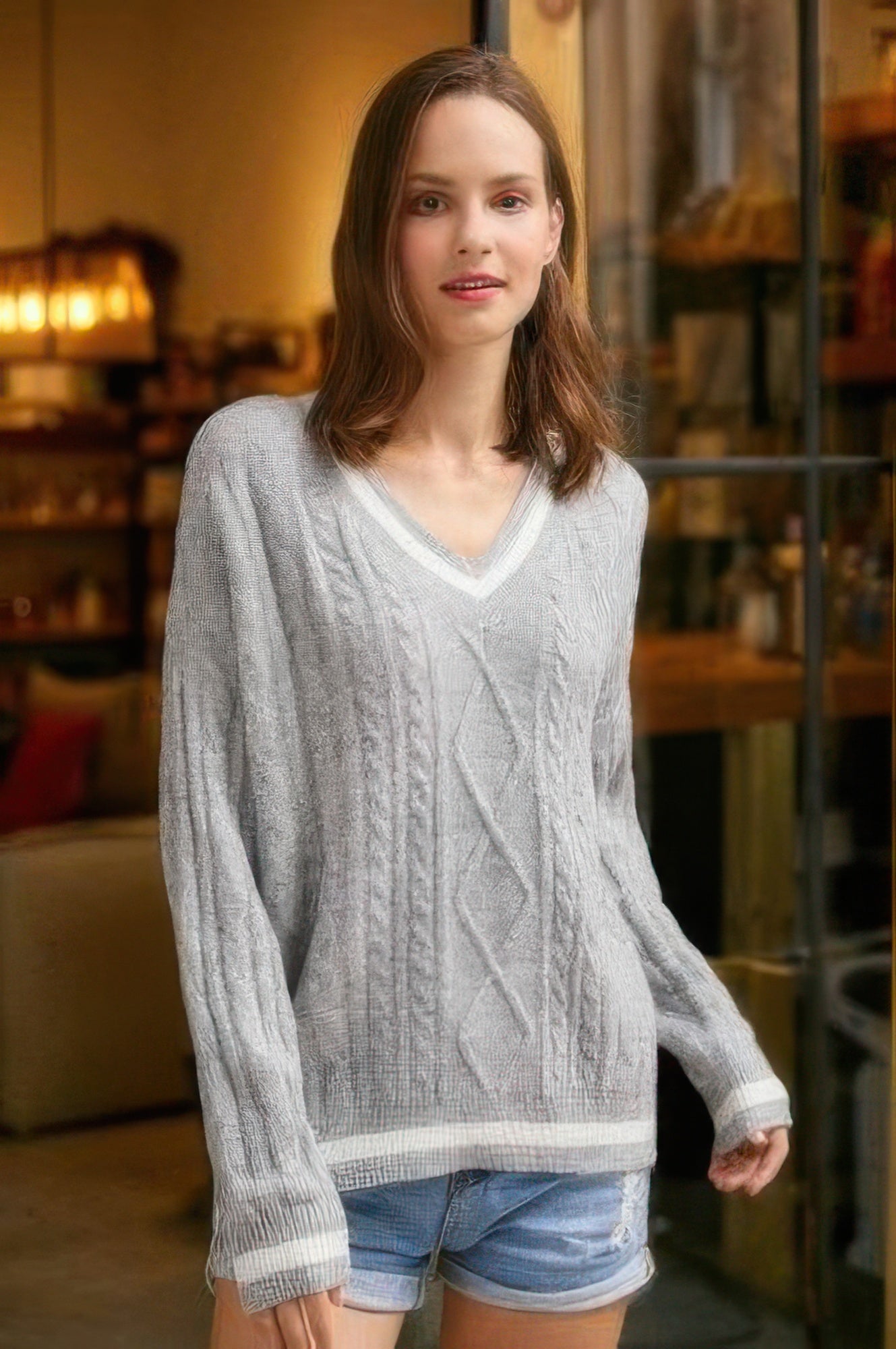 Two-Tone Knit V-Neck Sweater