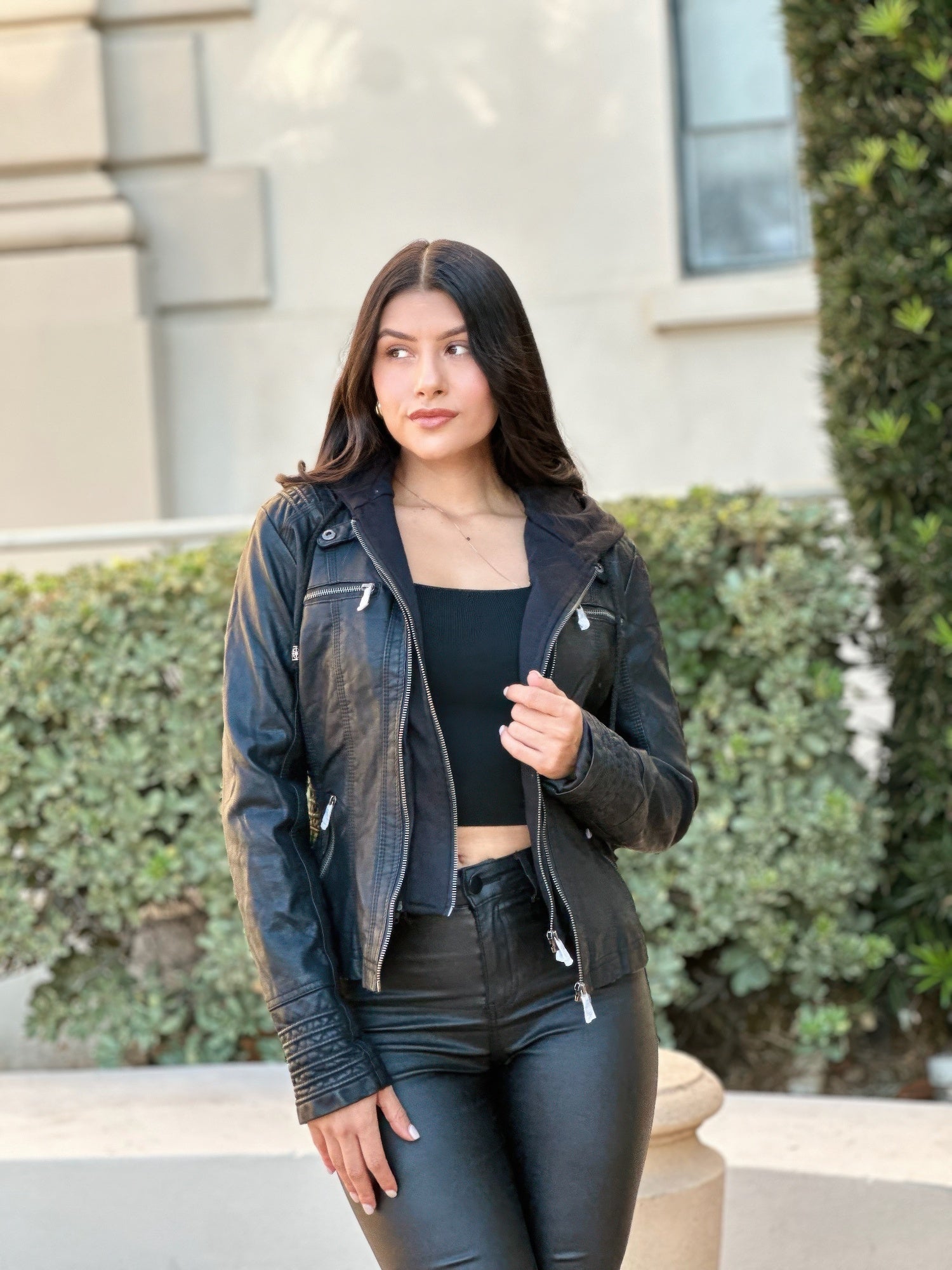 Hooded Faux Leather Jacket