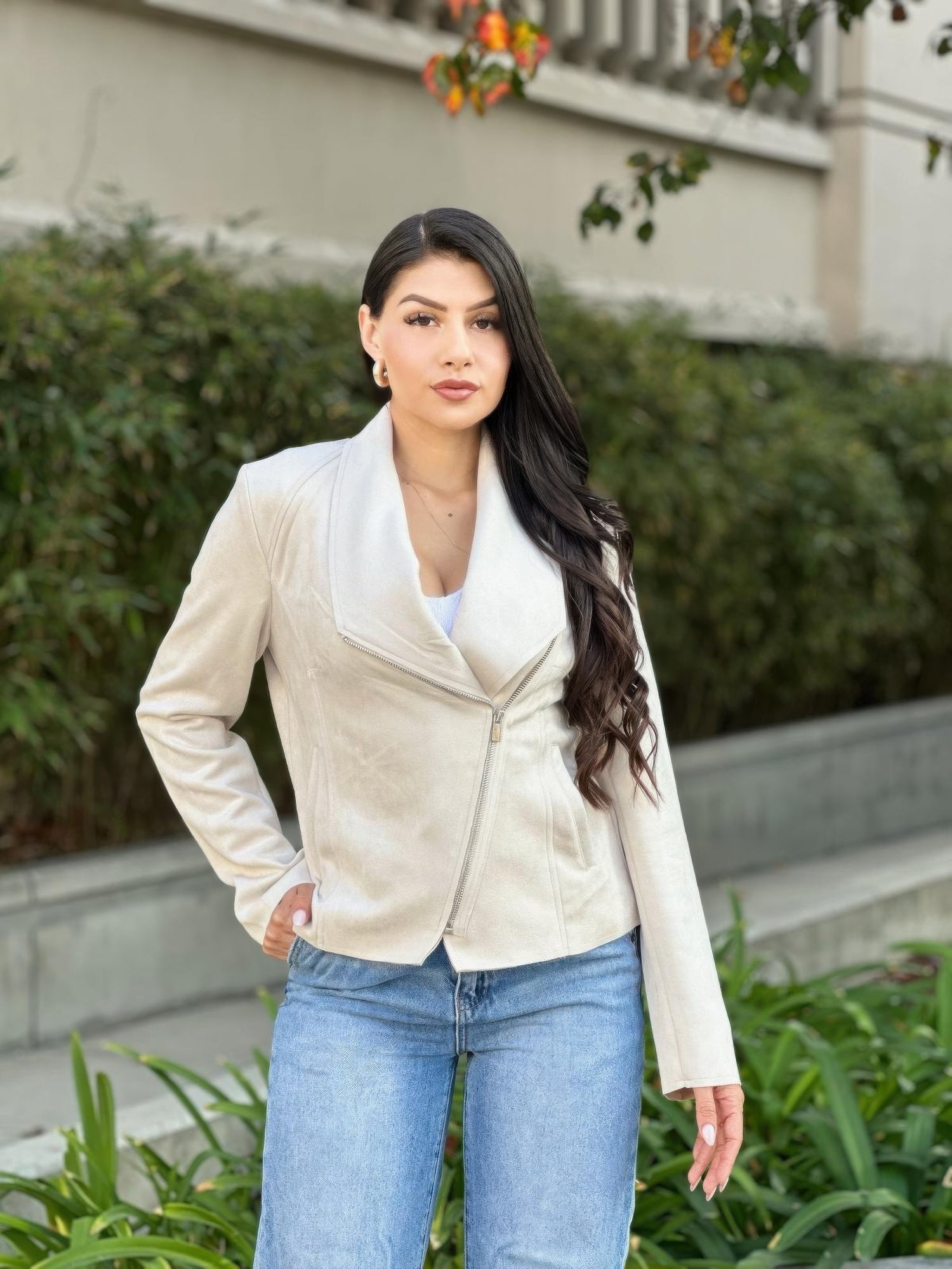 Suede Biker Zip Up Jacket With Pockets