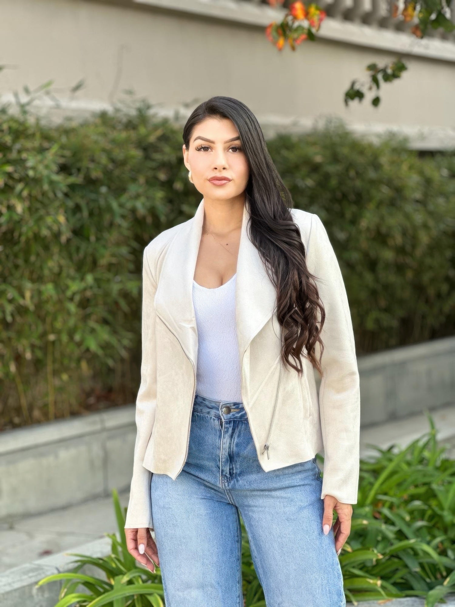 Suede Biker Zip Up Jacket With Pockets