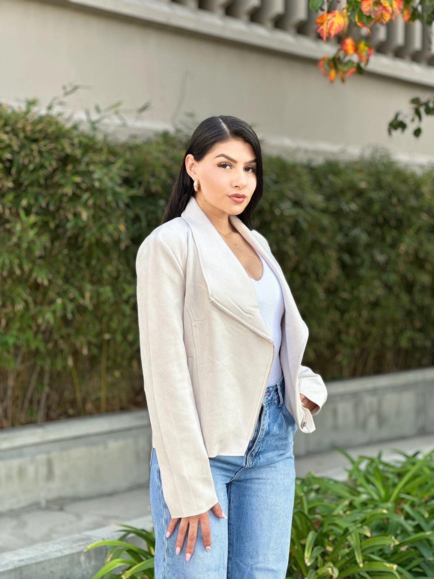 Suede Biker Zip Up Jacket With Pockets