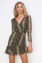 Side Ruched Wrap Snake Print Mini Dress