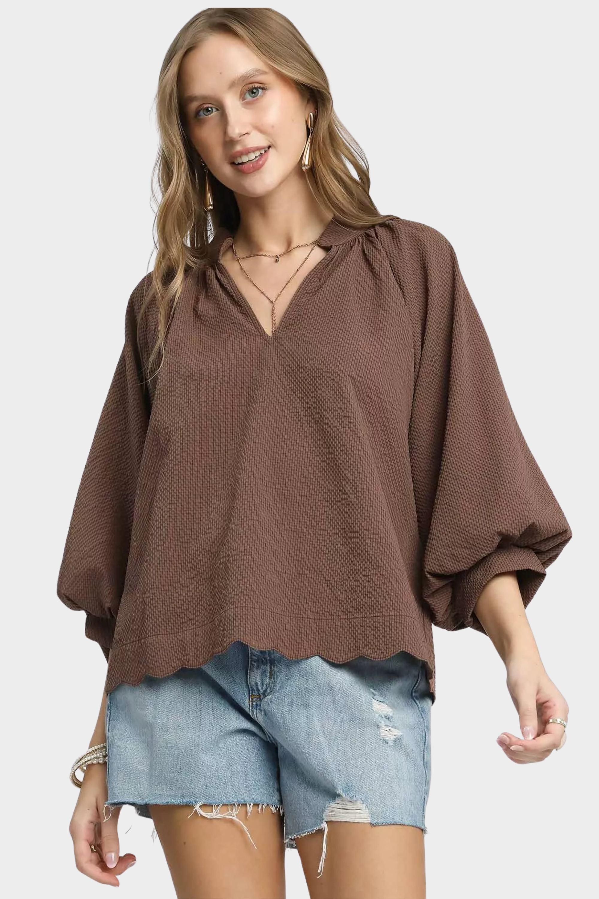Textured Balloon Sleeve Blouse