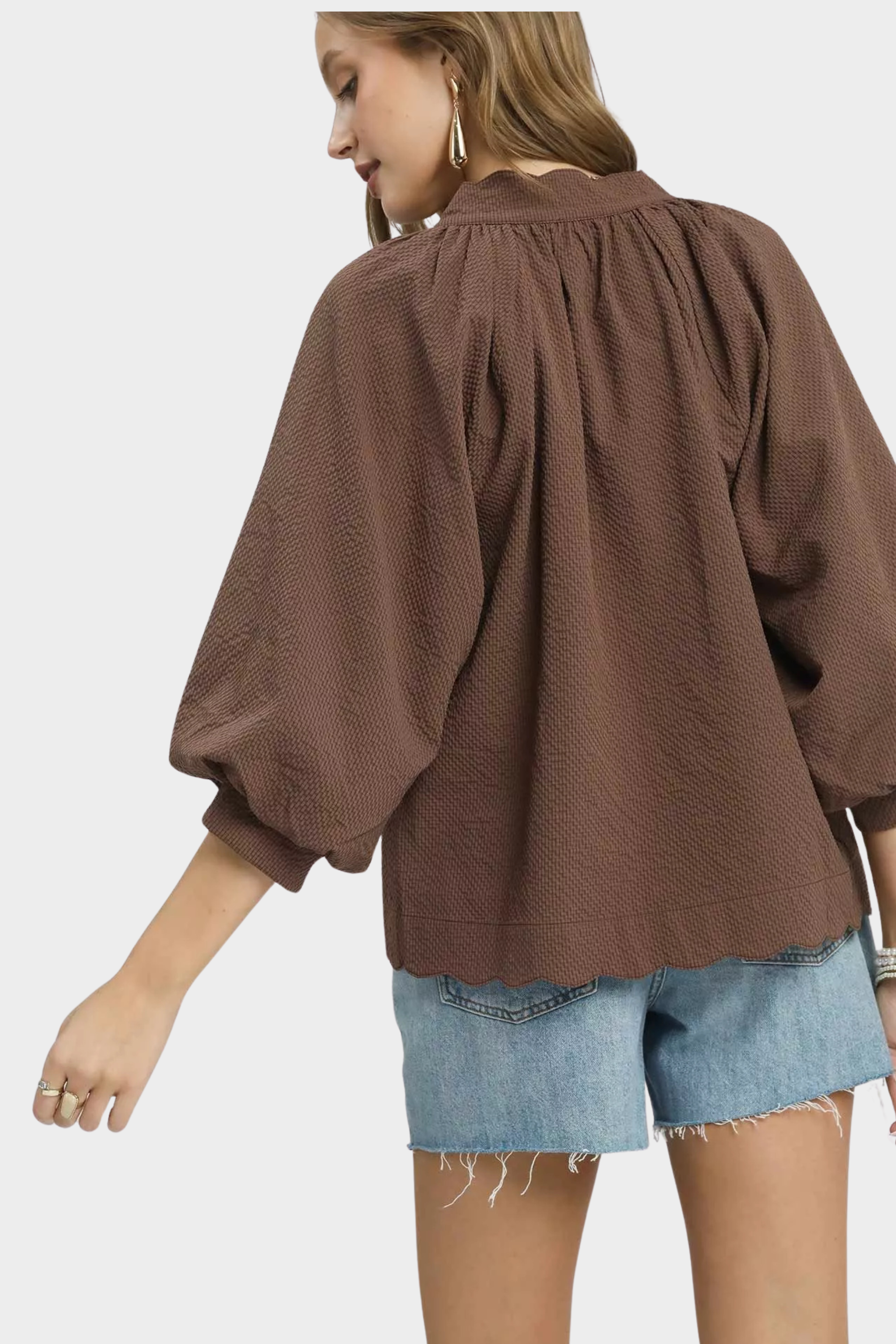 Textured Balloon Sleeve Blouse