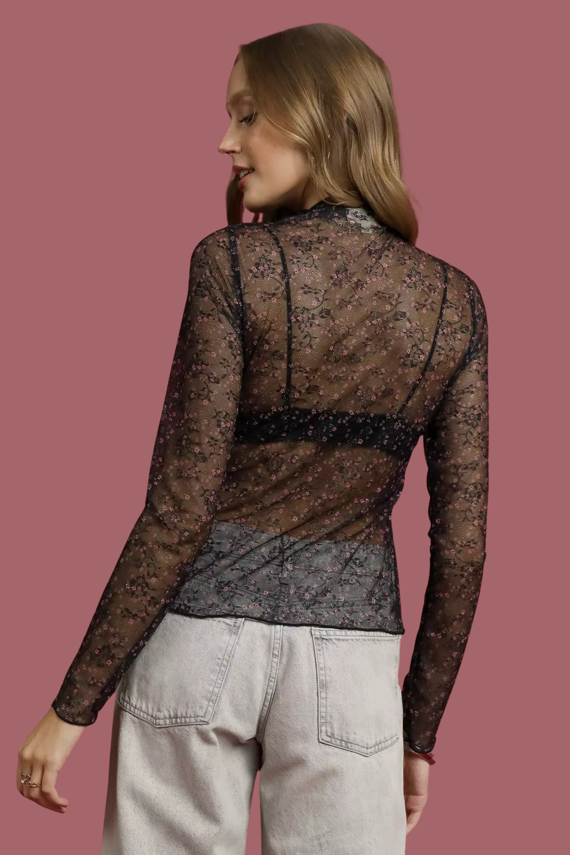 Lace Mesh Long Sleeve Top
