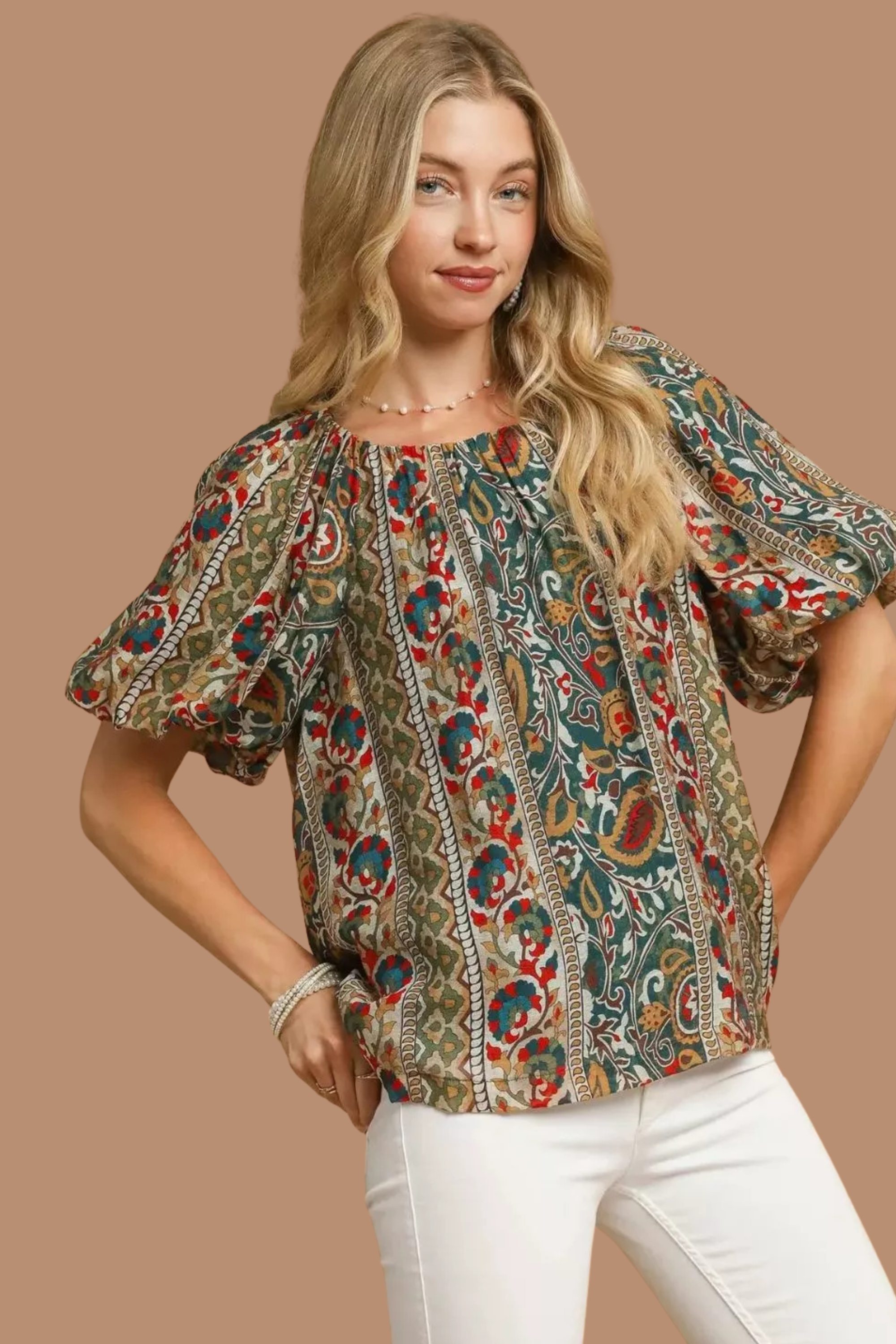 Boho Floral Stripe Puff Sleeve Blouse