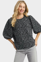 Leopard Print Jacquard Blouse with Puff Sleeves