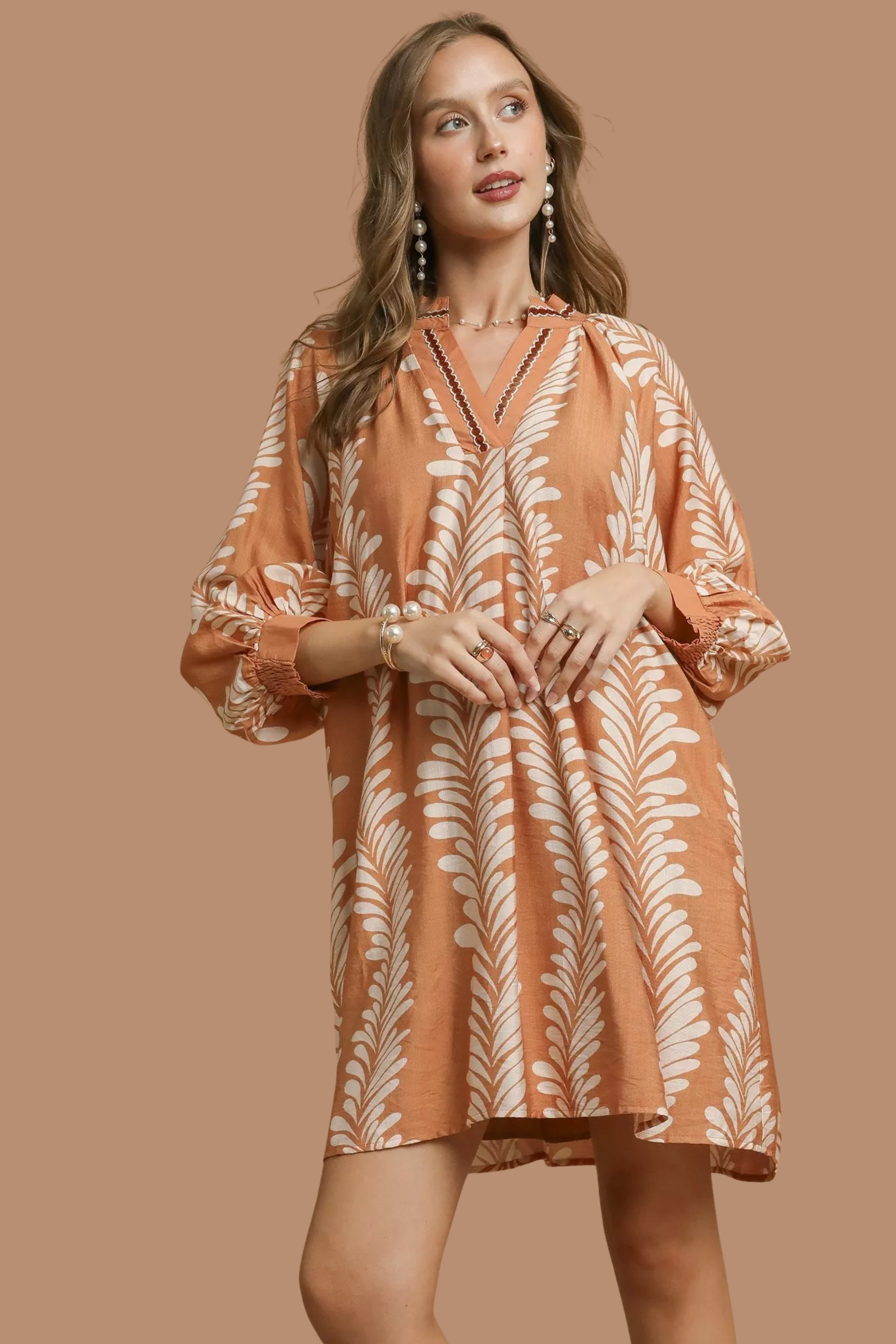 Leaf Print Notched Mini Babydoll Dress