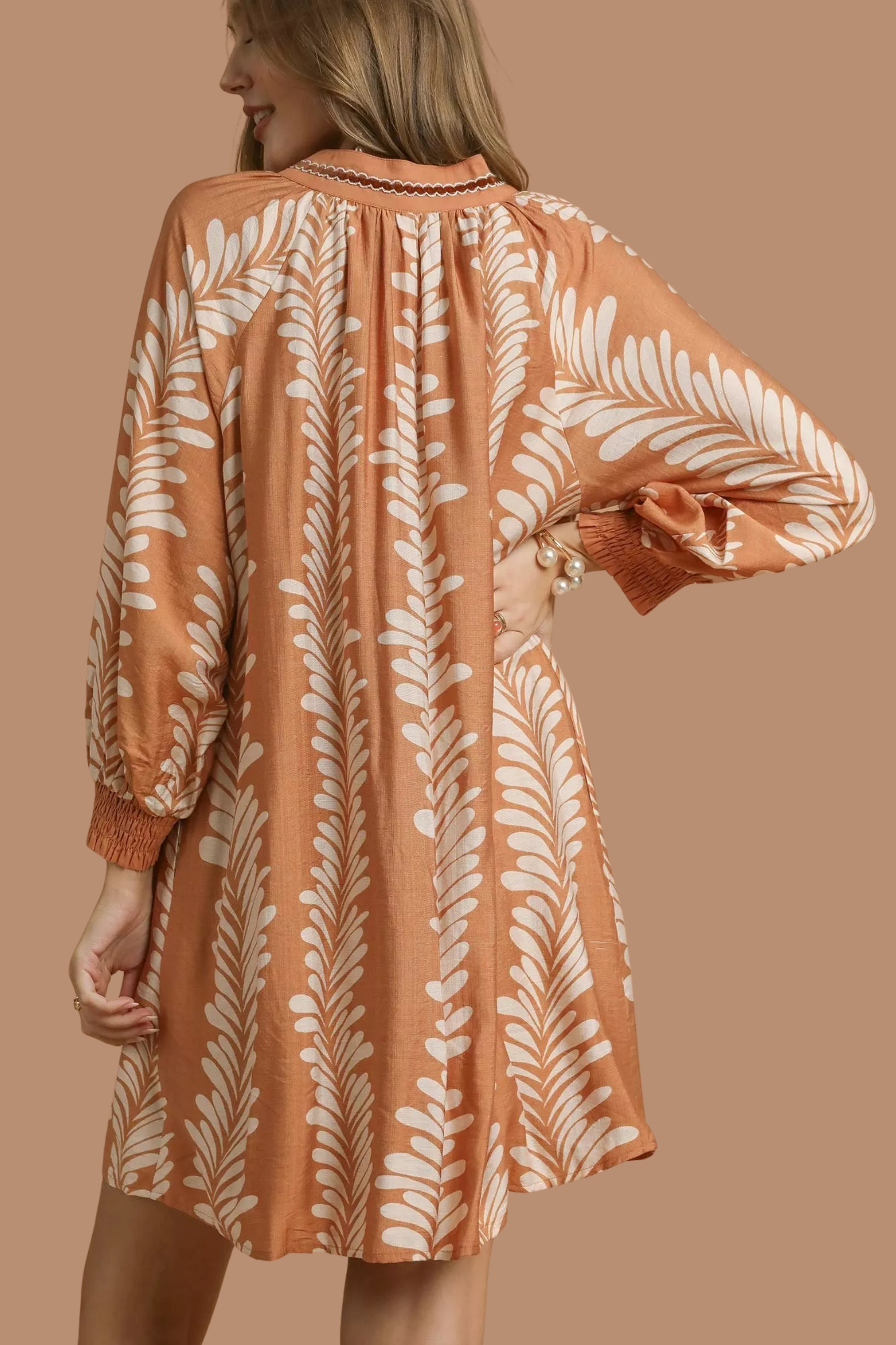 Leaf Print Notched Mini Babydoll Dress