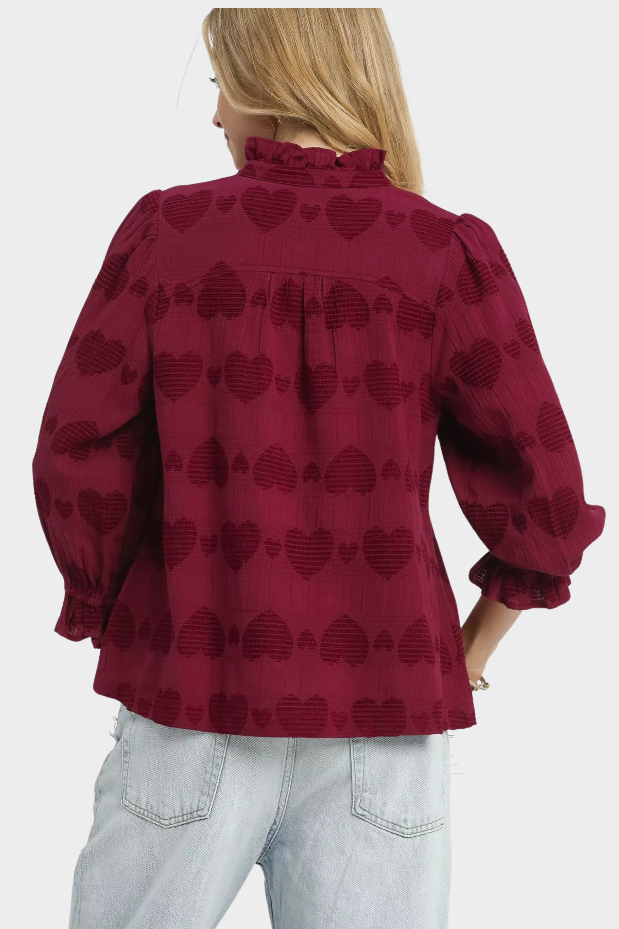 Heart Jacquard Ruffle Trim Shirt