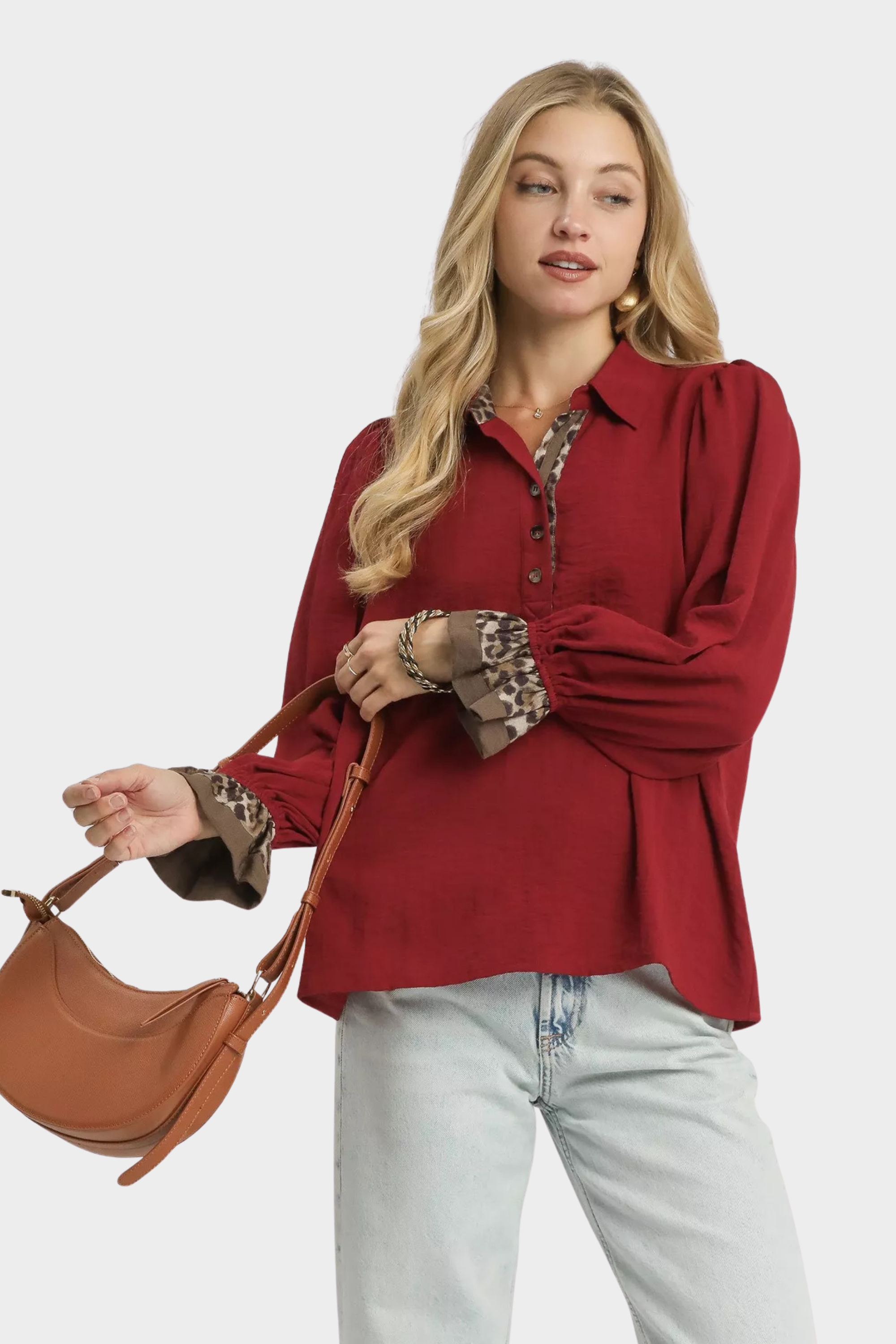 Half Button Blouse with Leopard Print Trim