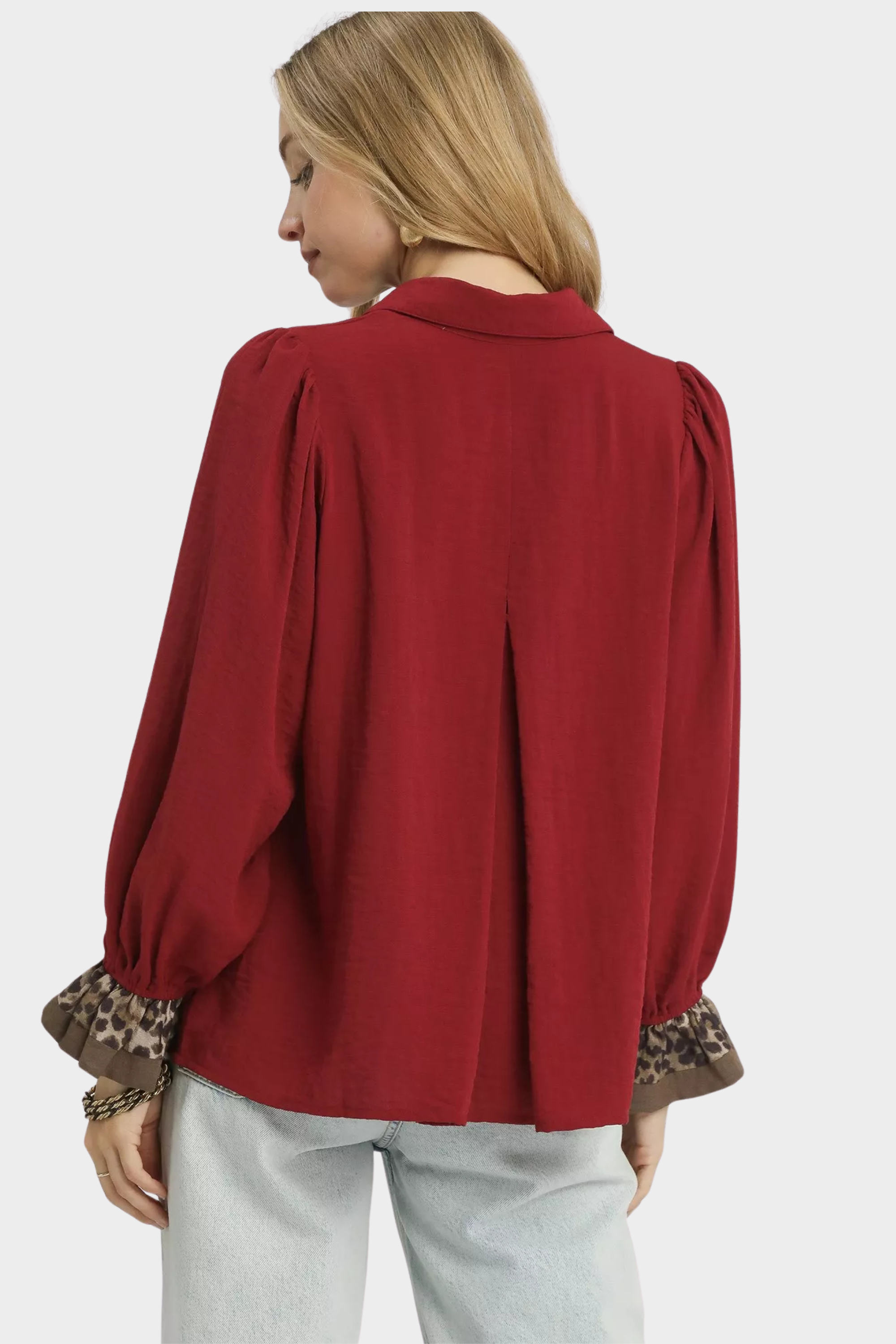 Half Button Blouse with Leopard Print Trim