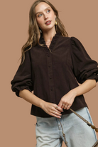 Corduroy Ruffle Shirt with Long Puff Sleeves