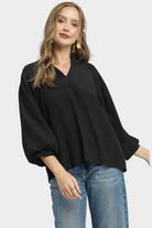 Textured V-Neck Blouse with Balloon Sleeves