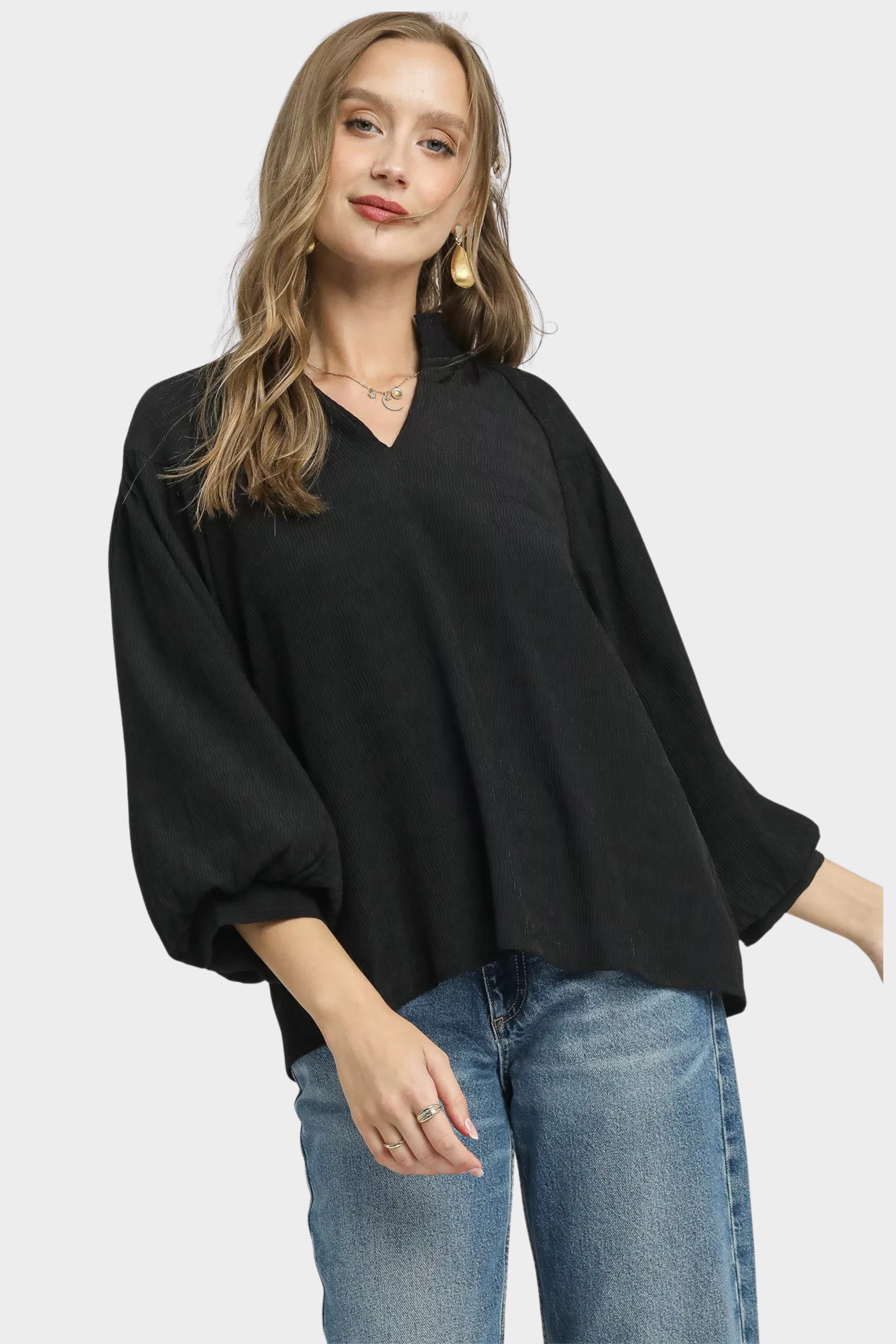 Textured V-Neck Blouse with Balloon Sleeves