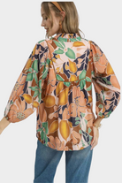 Abstract Floral Print Ruffle Neck Blouse