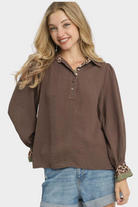 Half Button Blouse with Leopard Print Trim