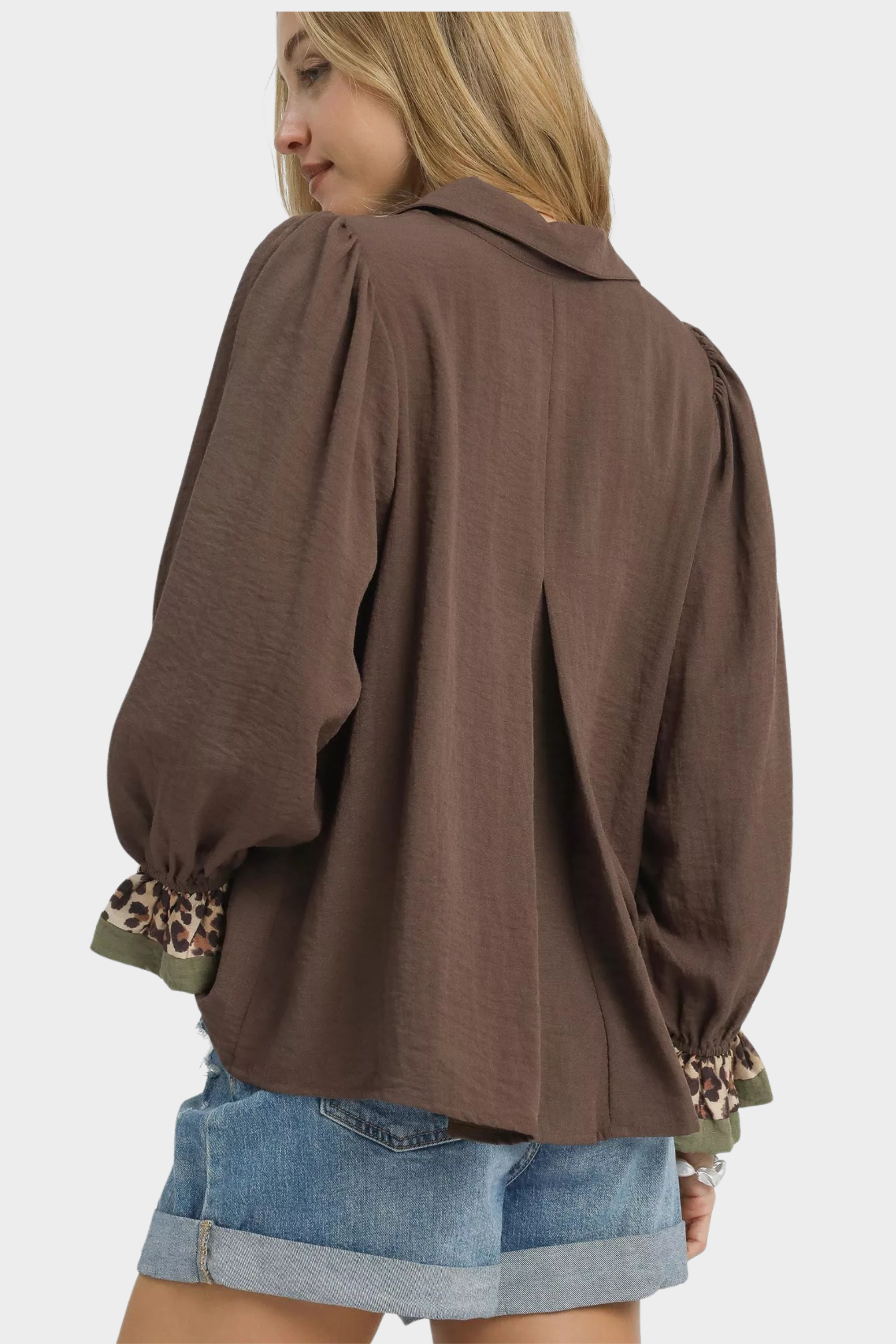 Half Button Blouse with Leopard Print Trim