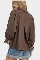 Half Button Blouse with Leopard Print Trim