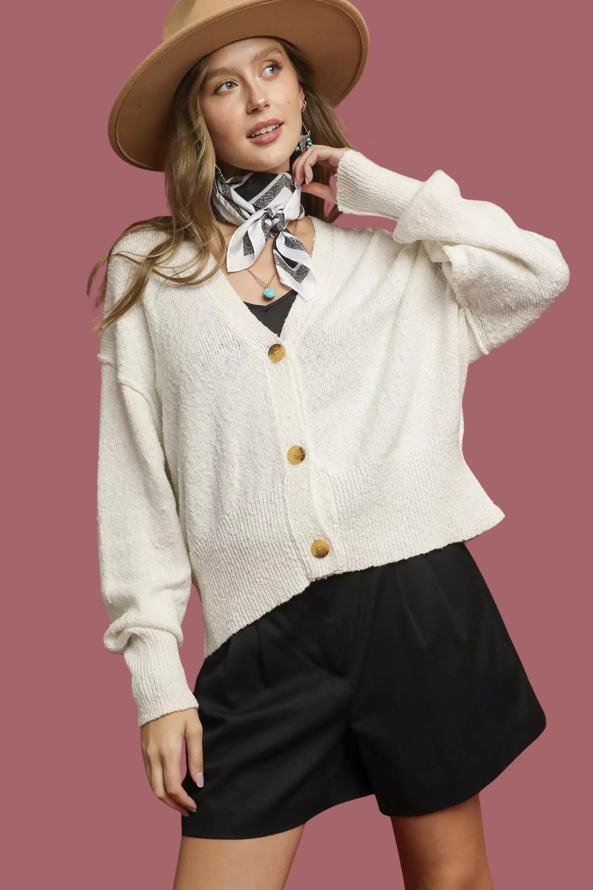 Button-Front V-Neck Knit Cardigan
