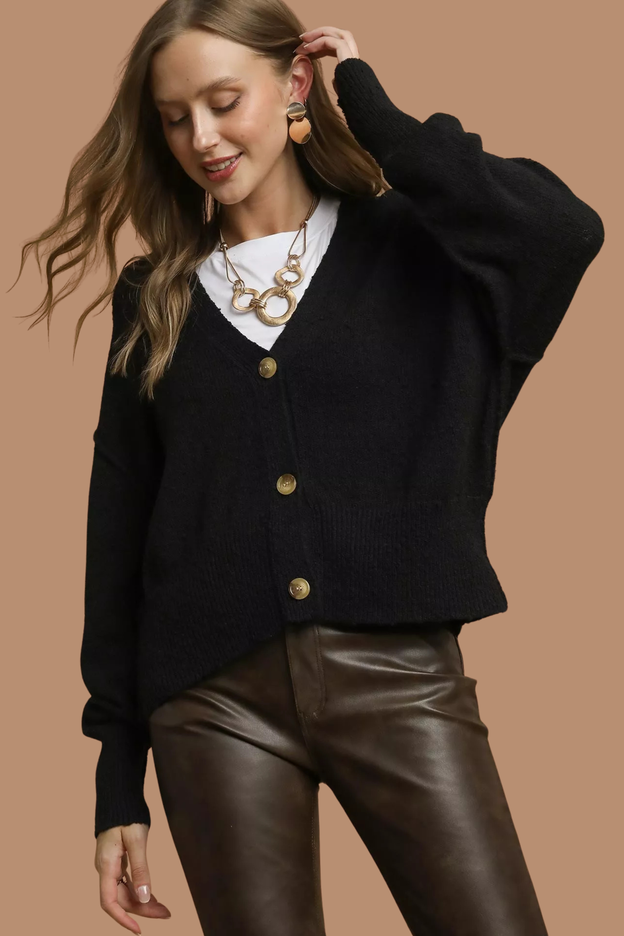 Button-Front V-Neck Knit Cardigan