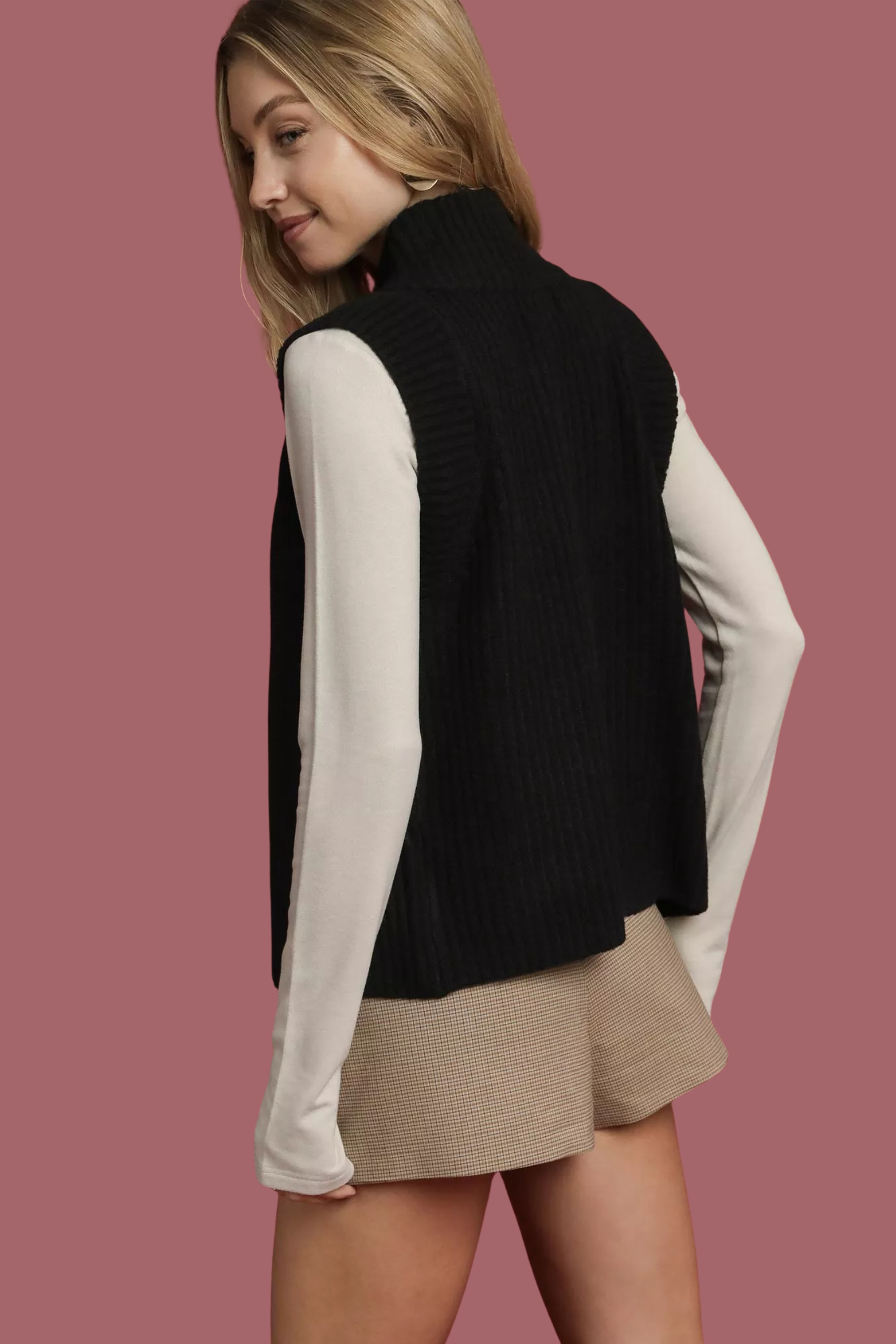 Zip-Up Sweater Vest with Ribbed Trim