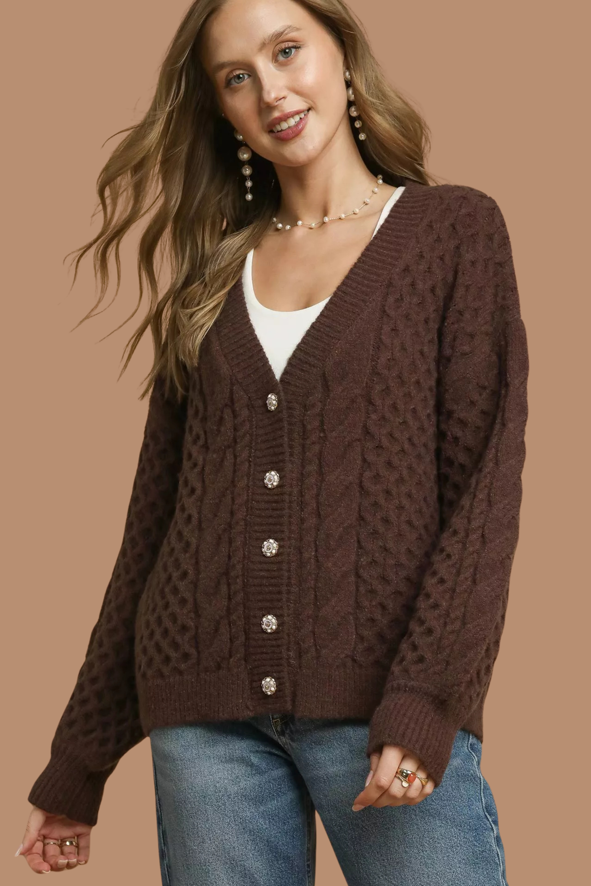 Cable Knit Pearl Button Cardigan