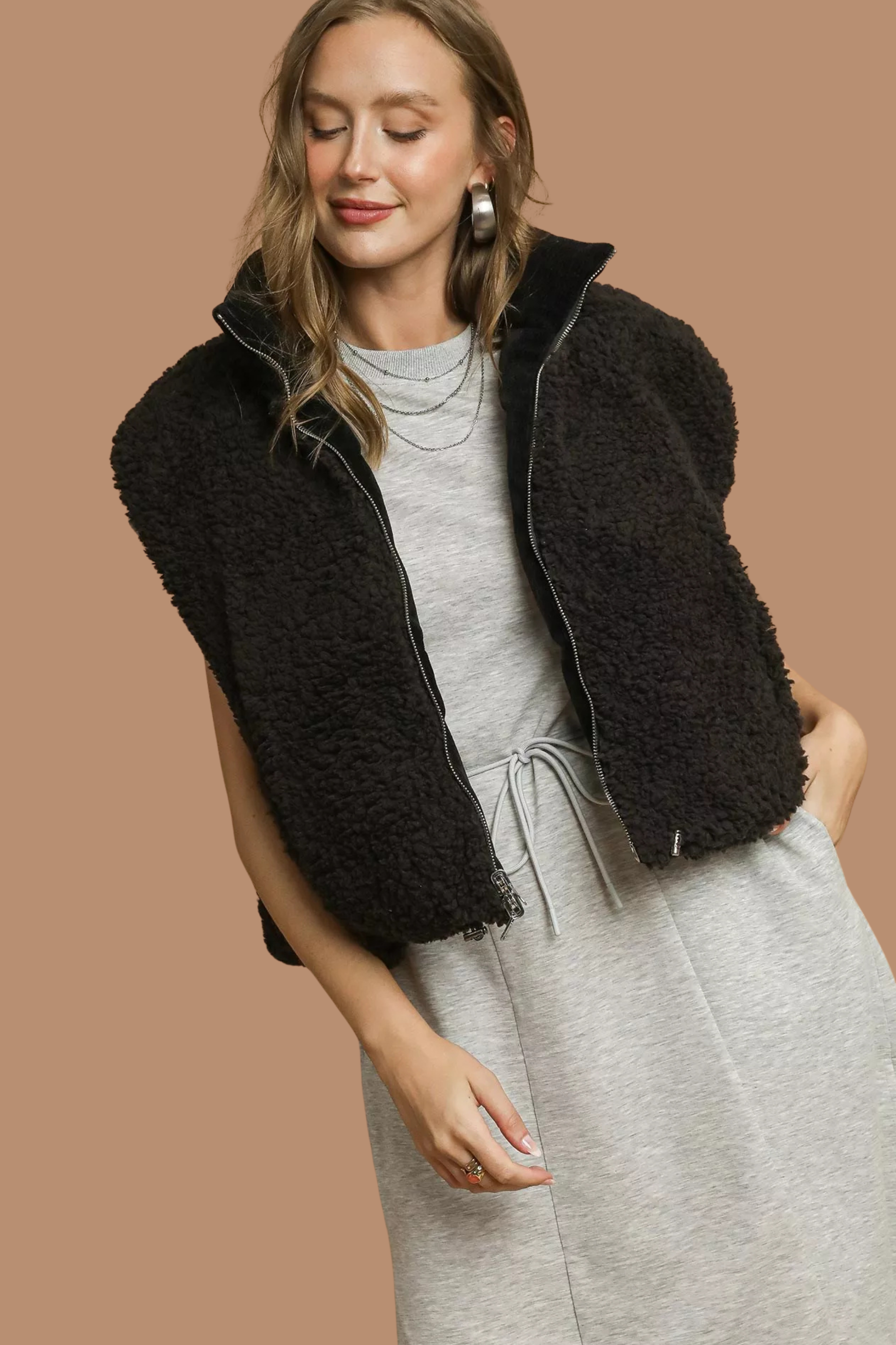 Sherpa-Lined Zip Vest with Drawstring Hem