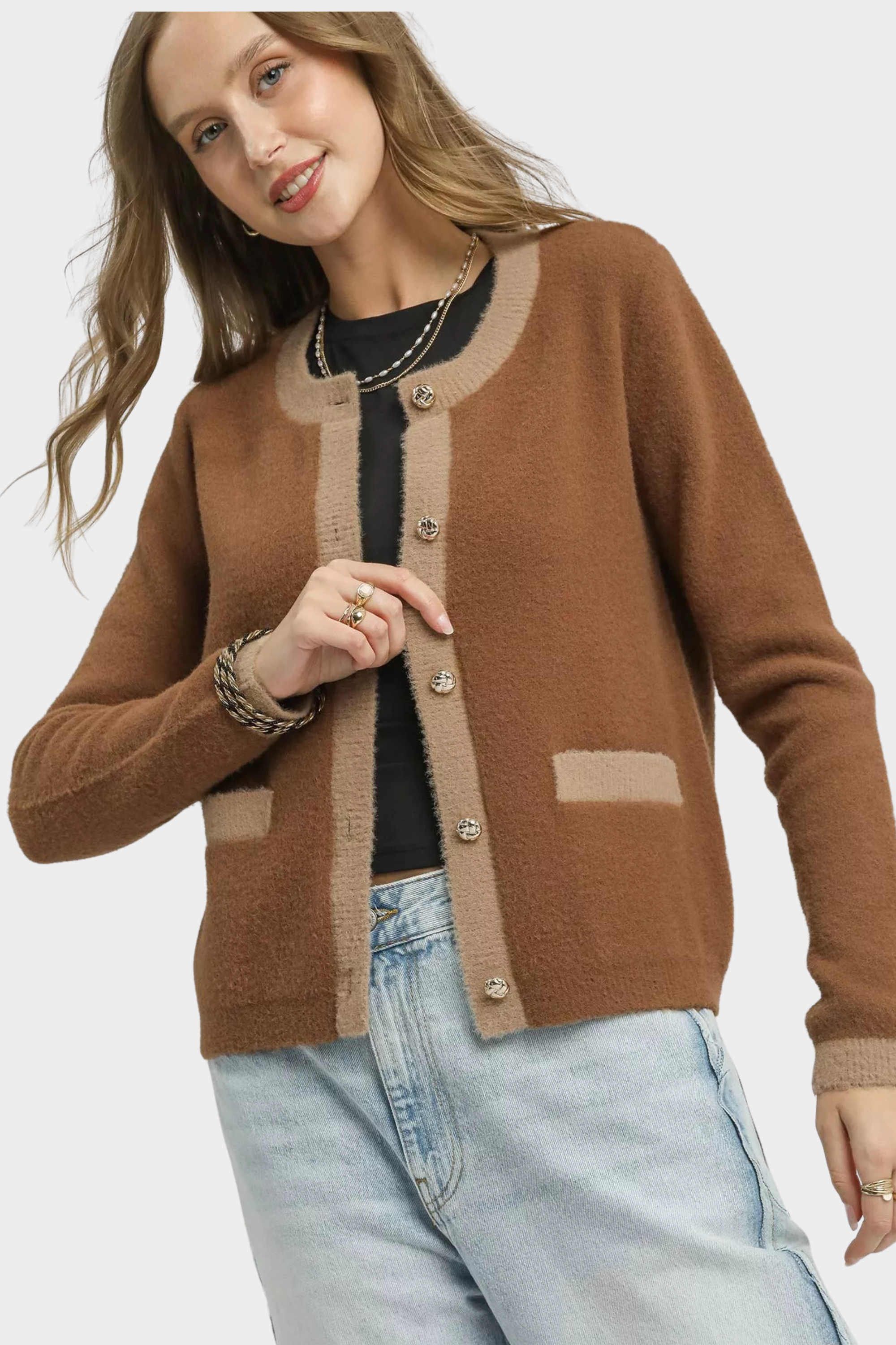 Two-Tone Button Front Cardigan