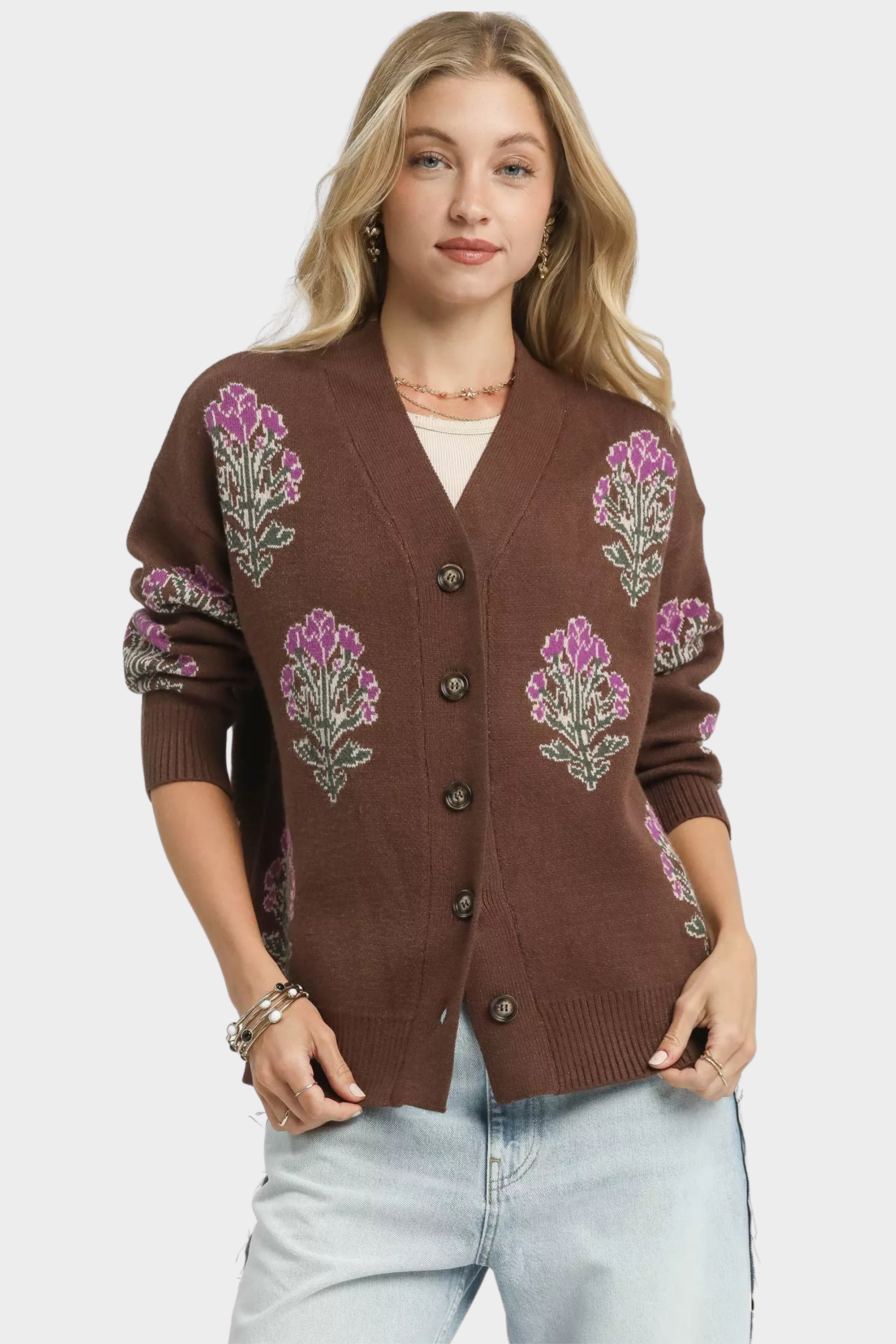 Single Flower Stem Jacquard Cardigan