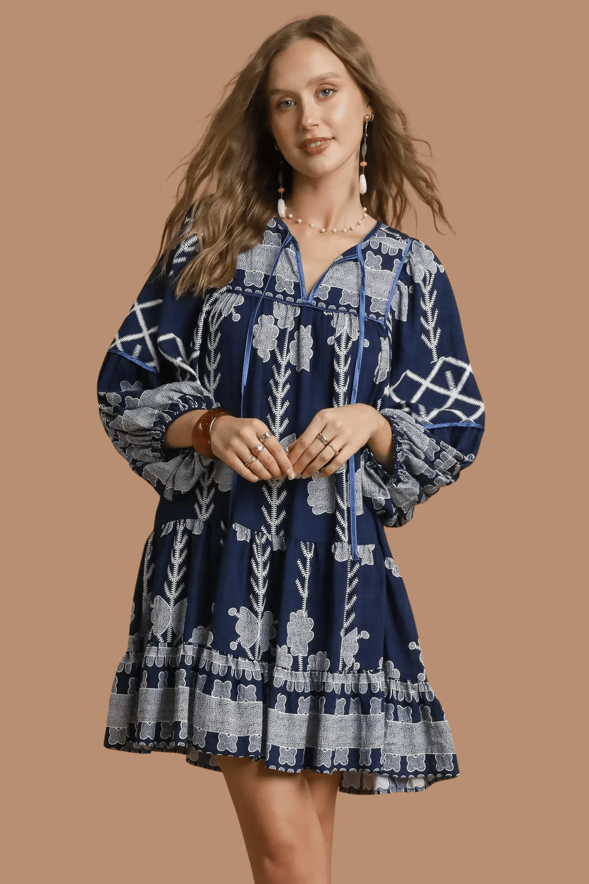 Tribal Print Dress with Tie Neck