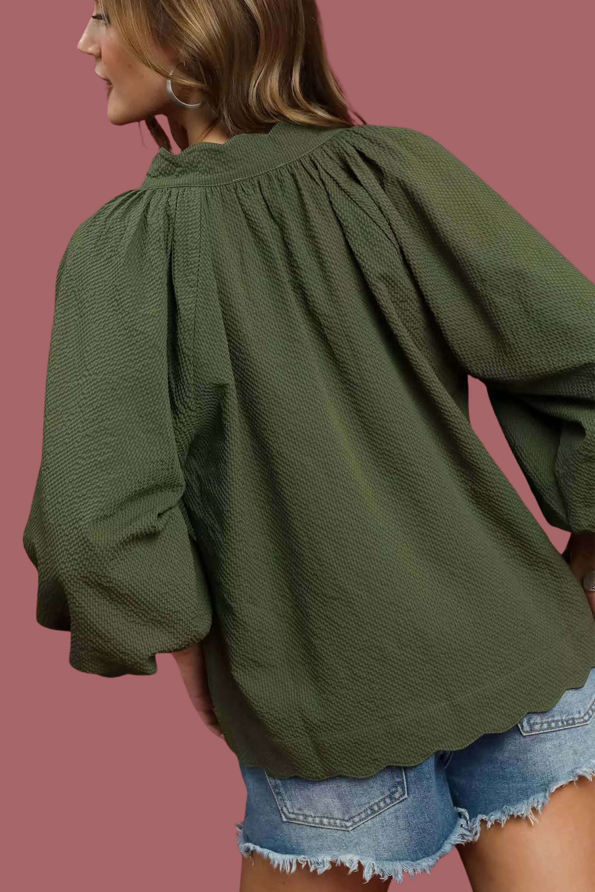 Textured Balloon Sleeve Blouse