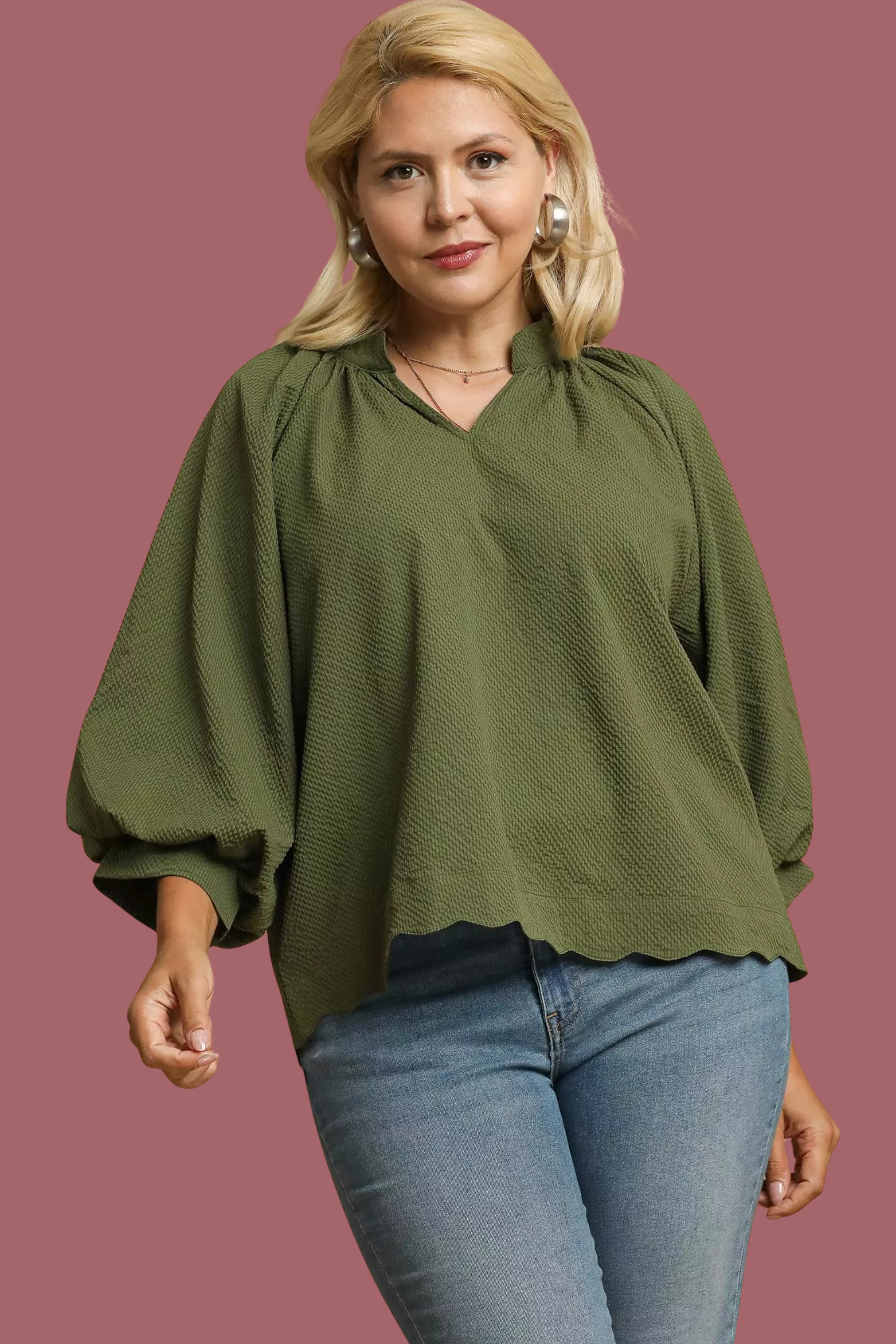 Textured Balloon Sleeve Blouse
