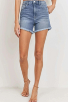 High Rise Denim Shorts with Fray Hem