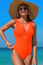 Solid Round Neck Color Block Lace Swimsuit