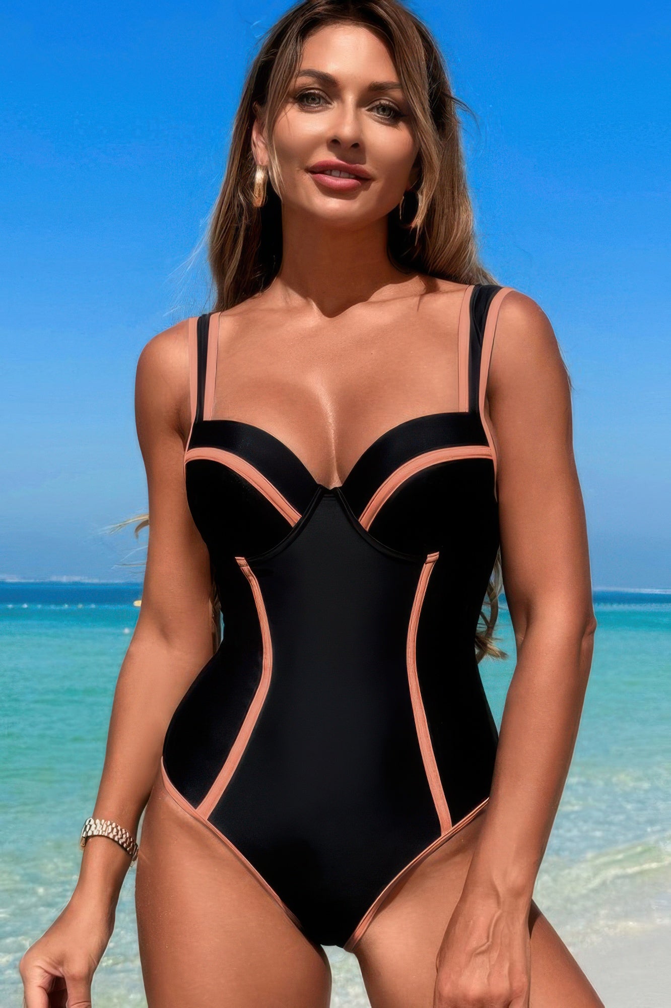 Stripe Sweetheart Neckline One Piece Swimsuit