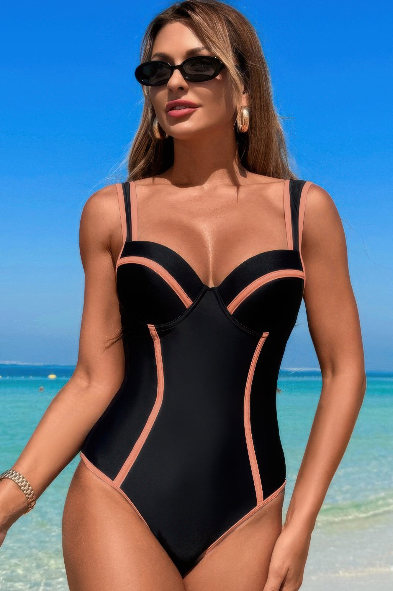 Stripe Sweetheart Neckline One Piece Swimsuit